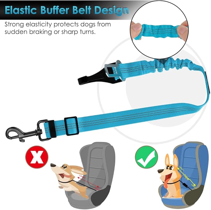 SlowTon Dog Seat Belt, Adjustable Dog Safety Belt Leash, 2 in 1 Latch Bar Attachment Dogs Car Seatbelt with Elastic Nylon Bungee Buffer, Reflective Nylon Belt Tether Connect to Dog Harness (Blue)-Mewly Pet