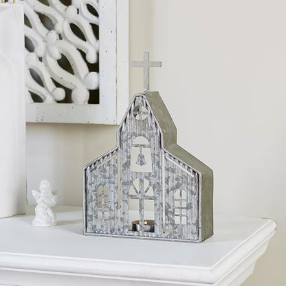Church Shaped Tea Light Candle Holder Farmhouse Galvanized Metal Candle Holder Vintage Decorative Tealight Holder for Table Centerpiece Decoration - 6.22" x 1.97" x 9.25"