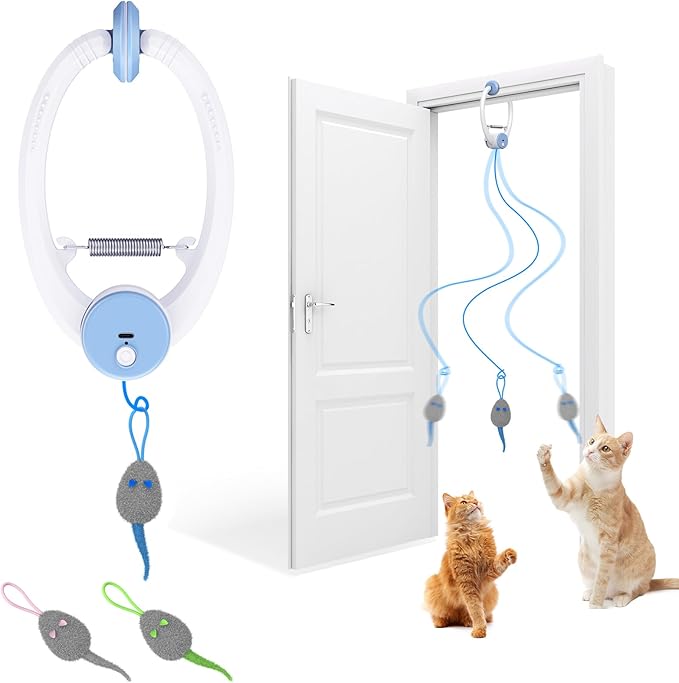 Cat Toy Interactive for Indoor Cats, Smart USB Rechargeable Door Hanging Automatic Retractable Kitten Toys, Teaser Electronic Self Play Feather Cat String Toy Attached with 3 Catnip Mice White-Mewly Pet