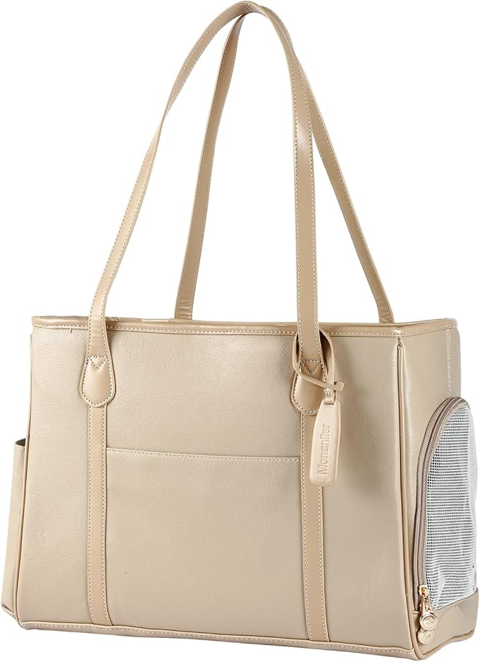 Stylish Dog Purse Carrier, Leather Pet Carrier Bag for Small Dogs Cats Puppy, Airline Approved Soft-Sided Carrier Ivory-Mewly Pet