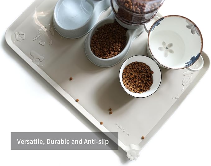 Hoki Found X-Large Silicone Non Slip Pet Food Mats - Tray for Dogs, Cats - Waterproof, Suitable for Carpet - Cream Brown-Mewly Pet