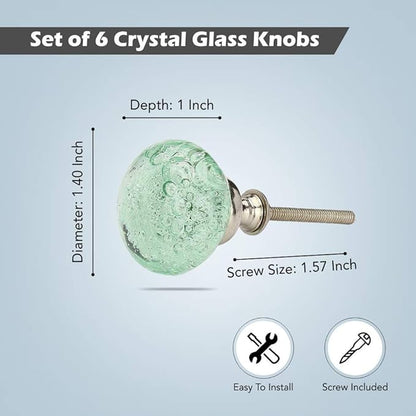 Perilla Home Set of 6 Bubble Knobs - Decorative Light Green Crystal Knobs - Glass Knob for Home Decor, Interior, Kitchen Cabinet, Hardware, Cupboard, Door, Dresser, Wardrobe and Drawer Pulls Handles