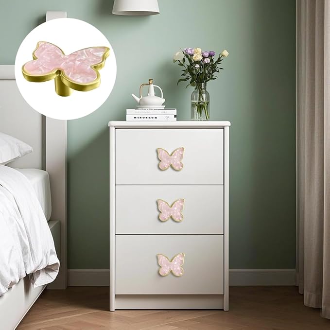 6 pcs Butterfly Shape Knobs Handle Gold Cabinet Knobs Decoration Door Handle Single Hole Handles Cabinet Drawer Dresser Kitchen Wardrobe Furniture Hardware Pulls (Pink)
