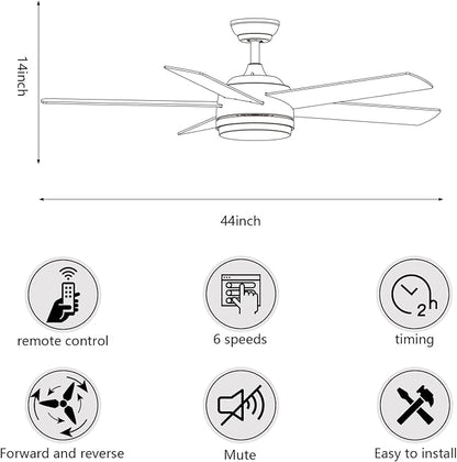 YUHAO 44 Inch Black Ceiling Fan with Light and Remote Control.Noiseless,Dimmable,3CCT,6 Speeds Reversible, DC Ceiling Fans for Indoor or Covered Outdoor