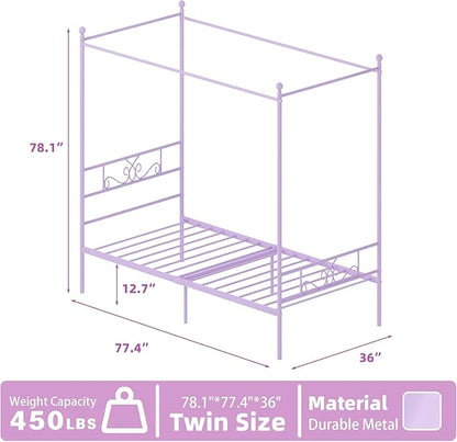 Weehom Twin Canopy Bed Frame with Headboard and Footboard, 4 Posters Metal Bed Frame, No Box Spring Needed, Mattress Foundation Platform Bed for Kids and Adults, Purple
