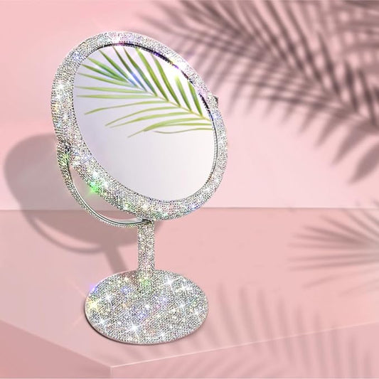 TISHAA Bling Makeup Vanity Mirror - Luxury Stand Double Sided Mirror Crystal Rhinestone Portable Desk Bathroom Bedroom (2X Magnification)