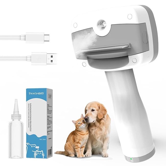 5 in 1 Pet Steam Brush for Dogs & Cats – Self Cleaning, 3 Pet Brush for Smoothing, Dematting, Thinning – Shedding, Grooming & Hair Removal, Includes Shampoo & Storage Case (7.4"-deshedding)-Mewly Pet