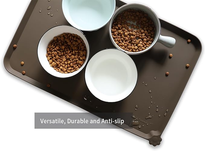 Hoki Found L Silicone Pet Food Mats Tray - Non Slip Dog Cat Bowl Mats Placemat - Pet Feeding Mat - Waterproof Dog Cat Food Mats -Pet Water Mats for Carpet - Coffee-Mewly Pet