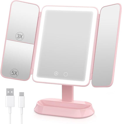 Rechargeable Trifold Makeup Mirror with Lights, 1X/3X/5X Magnification, Cordless 3-Color LED Vanity Mirror for Travel & Desk, Up to 20H Use, Ideal Gift for Women & Teens - Pink