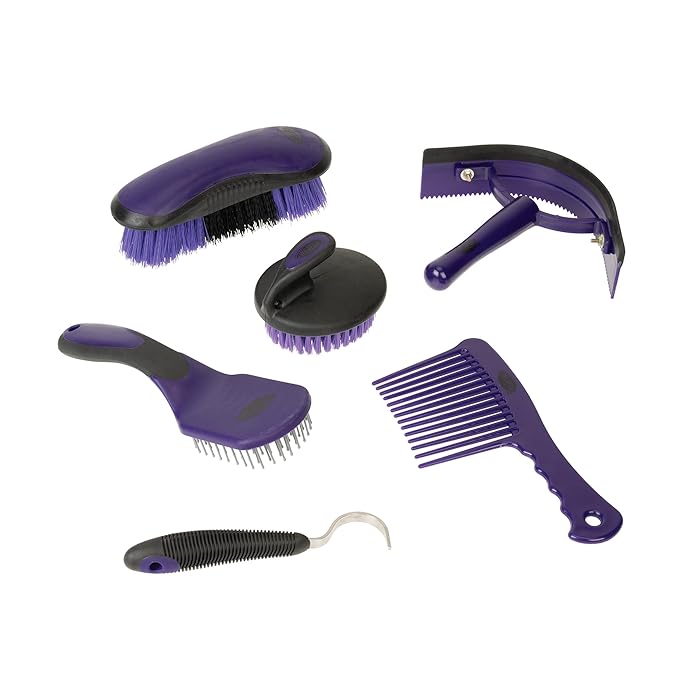 Weaver Equine 6-Piece Horse Grooming Kit, Ergonomic Gentle Horse Care Kit, Equestrian Supplies for Bathing Support, Detangling, and More, Purple/Black-Mewly Pet