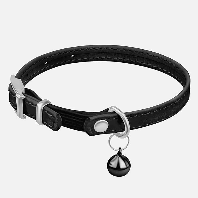 CollarDirect Leather Cat Collar with Bell - Kitten Small and Big Cat Collar for Boy Cats, Girl Cats with Safety Elastic Strap (Neck Fit 6"-7", Black)-Mewly Pet