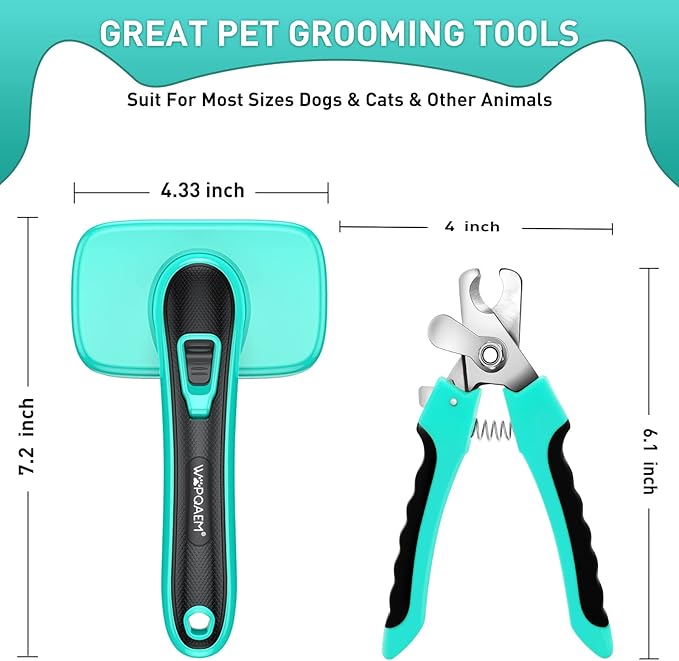 Pet Brush Kit for Grooming, Dog Self-Cleaning Slicker Brush + Nail Clippers Set for Shedding Long Short Haired Cats. Removes Loose Fur, Undercoat, Mats, Tangled for Most Hair Types & Size-Mewly Pet