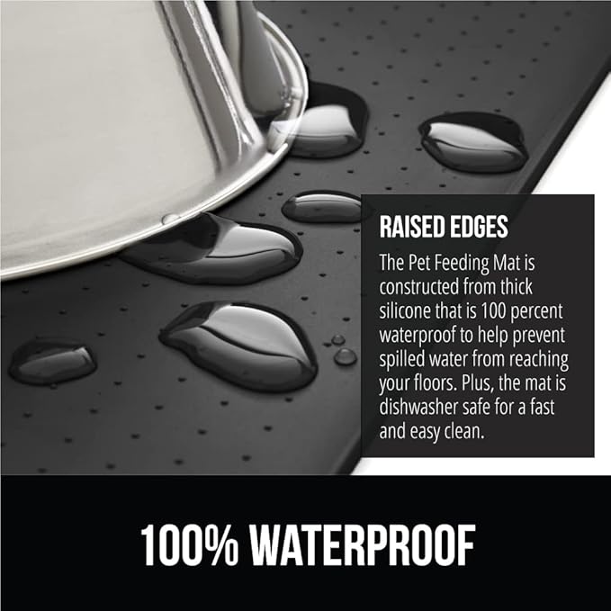 GORILLA GRIP 100% Waterproof Raised Edge BPA Free Silicone Pet Feeding Mat, Dog Cat Food Mats Contain Spills Protects Floors, Placemats for Cats and Dogs Water Bowl, Pets Accessories 16x10, Charcoal-Mewly Pet