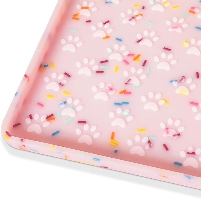 Ptlom Dog Food Mat Anti-Slip Dog Bowl Mats for Food and Water, Waterproof Pet Placemat Prevents Messy Spill to Floor, Silicone Puppy Feeding Tray for Small, Medium and Large Dogs Cats, Pink-Mewly Pet