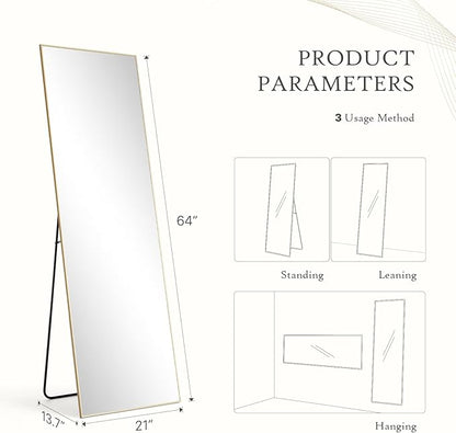 DUMOS Wall-Mounted Full Length Mirror 21"x 65" for Bedroom, Full Body Floor Mirror with Stand, Hanging or Leaning for Wall, Gold