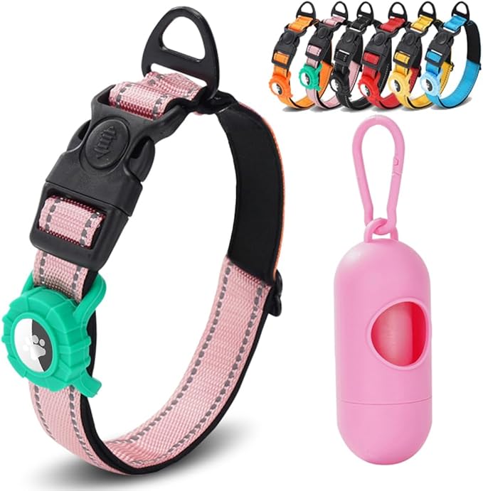 JSXD AirTag Dog Collar, Night Reflective Nylon Dog Collar for Small Medium Large Dogs,Lockable Quick Release Buckle,Padded Breathable Pet Collar with AirTag Holder (Pink, Medium)-Mewly Pet
