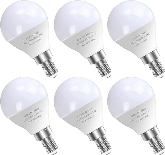 6 Pack E12 LED Candelabra Light Bulbs, 60 Watt Equivalent, Warm White 2700K, 120V Chandelier Llight Bulb, A15 / G45 Shape Ceiling Fan Light Bulbs, Bright Small Bulb Non-Dimmable