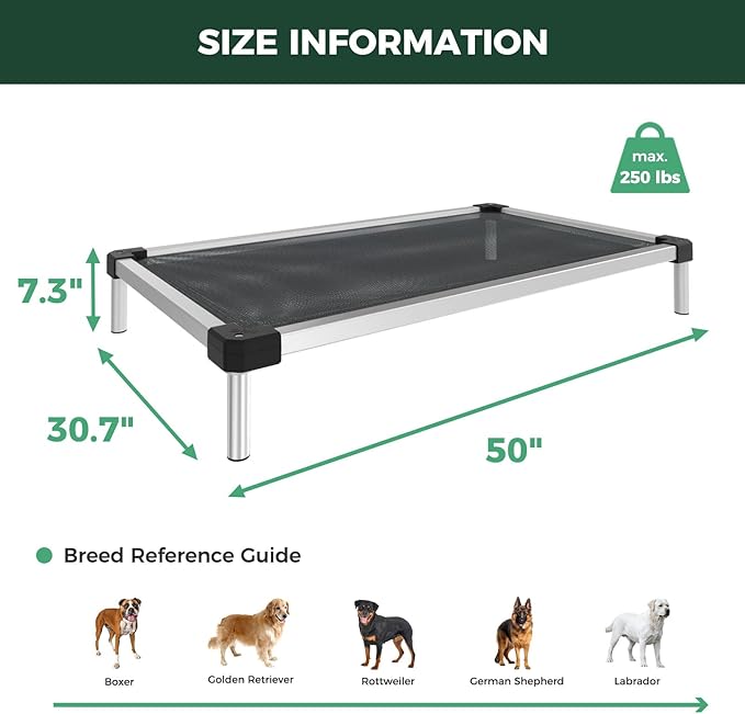 FXW TitanNest Chew-Proof Elevated Dog Bed, Raised Cot for Indoor/Outdoor/Camping Use, Durable & Waterproof Cooling Pet Bed for Large Dogs, 50.0" L x 31.0" W x 7.3" H, Black-Mewly Pet