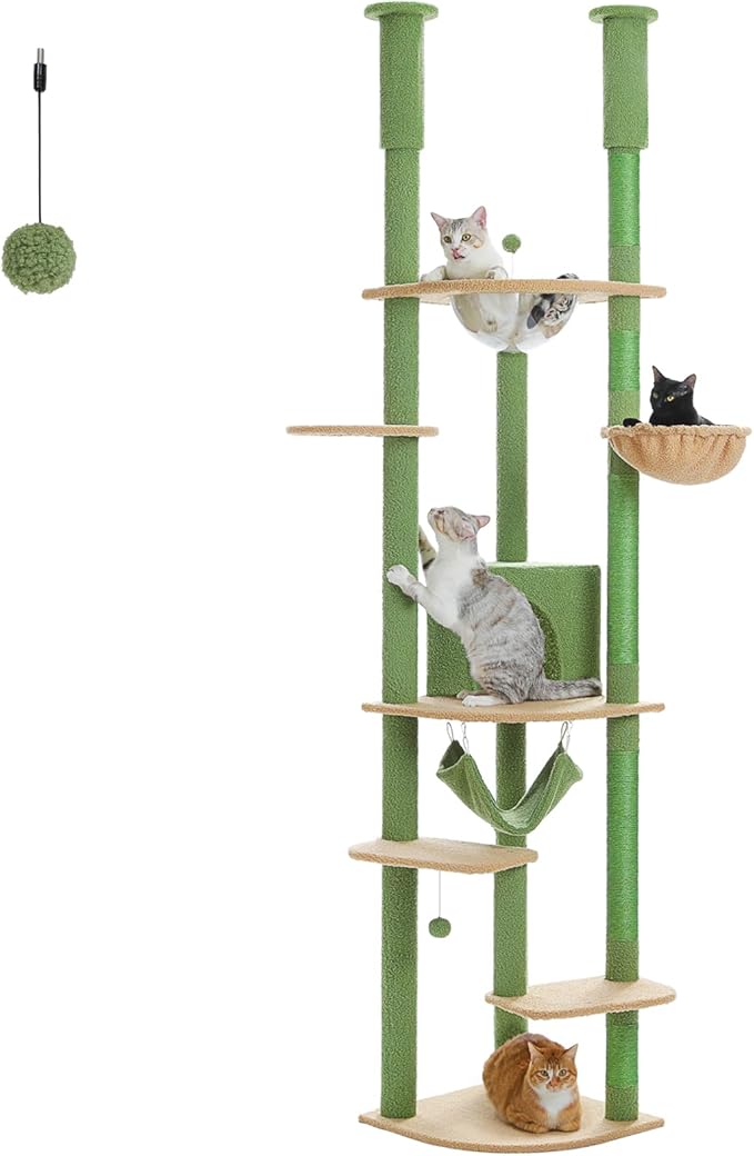 PEQULTI Floor to Ceiling Cat Tree 92.9’’-101.6’’ Height Adjustable Cat Tower Tall Kitty Climbing Play House with Scratching Posts, Cozy Condo, Perches and Large Hammock for Indoor Cats Green-Mewly Pet