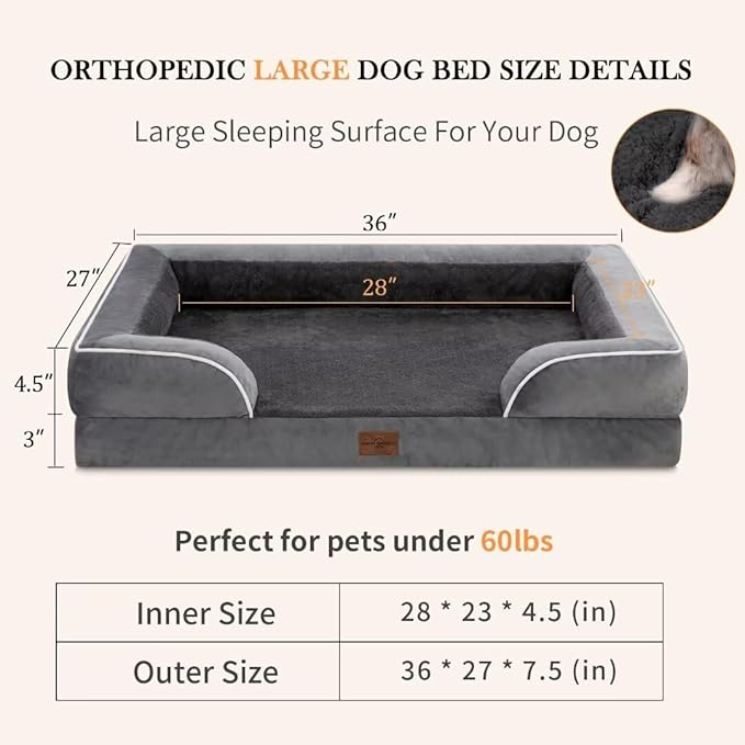 Comfort Expression Cooling Dog Bed for Large Dogs, Memory Foam Orthopedic Dogs Beds, Waterproof Washable Dog Beds with Removable Cover, Pet Bed Sofa with Bolster(Large,Leaden Grey)-Mewly Pet
