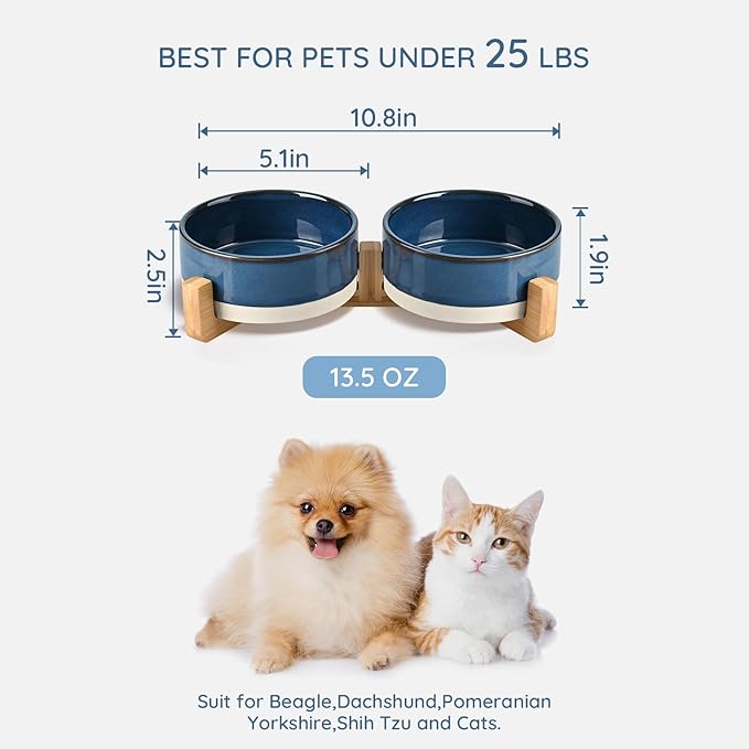 SPUNKYJUNKY Ceramic Dog and Cat Bowl Set with Wooden Stand, Modern Cute Weighted Food Water Bowl Set for Small Size Dogs (1.7 Cups, 2 × Pattern Blue)-Mewly Pet