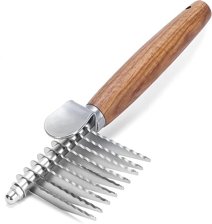 Dog Dematting Comb with Wooden Handle & Detangling Brush - Stainless Steel Undercoat Rake for Long & Thick Haired Dogs & Cats, Professional Grooming Tool for Deshedding and Matted Fur Removal-Mewly Pet