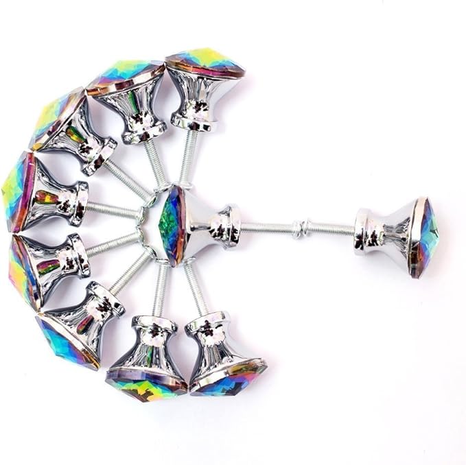 10 Pcs 30mm Silver Plated Base Diamond Shape Crystal Glass Cabinet Knob Drawer Knob Pull Handle Used for Kitchen, Dresser, Door, Cupboard (Multicolor)