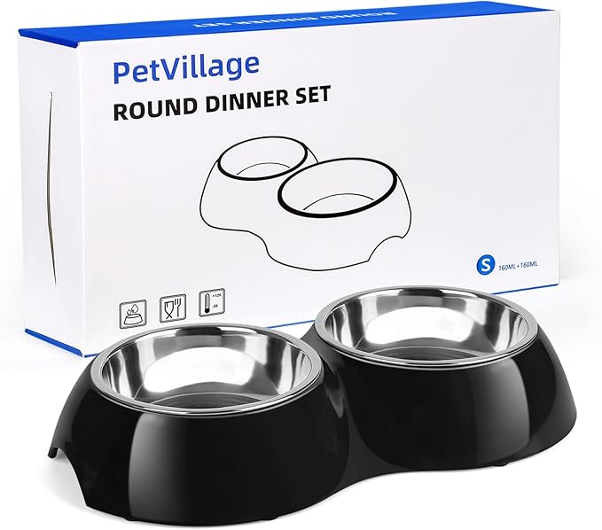 Stainless Steel Dog Bowls Set – Dual Non-Slip Pet Dishes with 2 Small (1 Cup*2) Bowls & Durable Resin Stand – Food & Water Feeder for Puppies, Cats, and Medium Dogs – Black-Mewly Pet