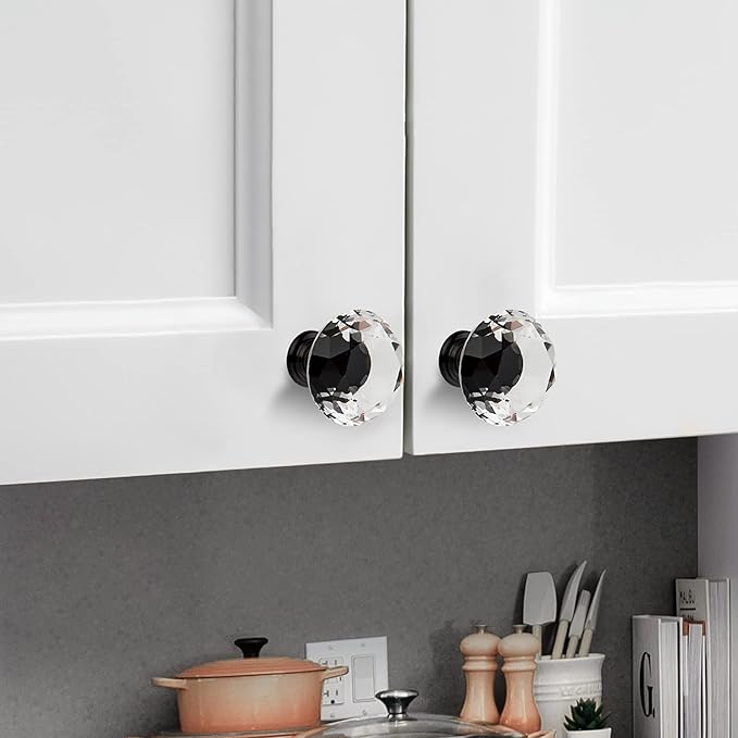 Ravinte 10 Pack Crystal Drawer Knobs - Glass Cabinet Knobs with Black Base - Diamond Shaped - 30 mm