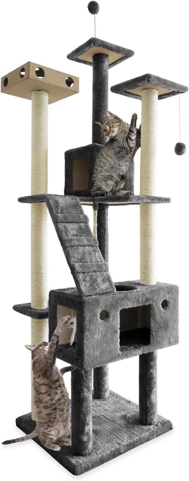 Furhaven 69.3" Tall Cat Tree for Indoor Cats, Ft. Sisal Scratching Posts, 2x Cat Condos, & Toys - Tiger Tough Double Decker Interactive Playground Tower - Silver Gray, One Size-Mewly Pet