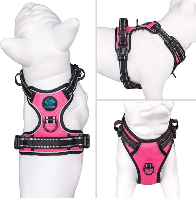 PHOEPET No Pull Dog Harnesses for Small Puppies Reflective Adjustable Front Clip Vest with 2 Metal Leash Attachment Hooks Soft Handle(XS, Pink)-Mewly Pet