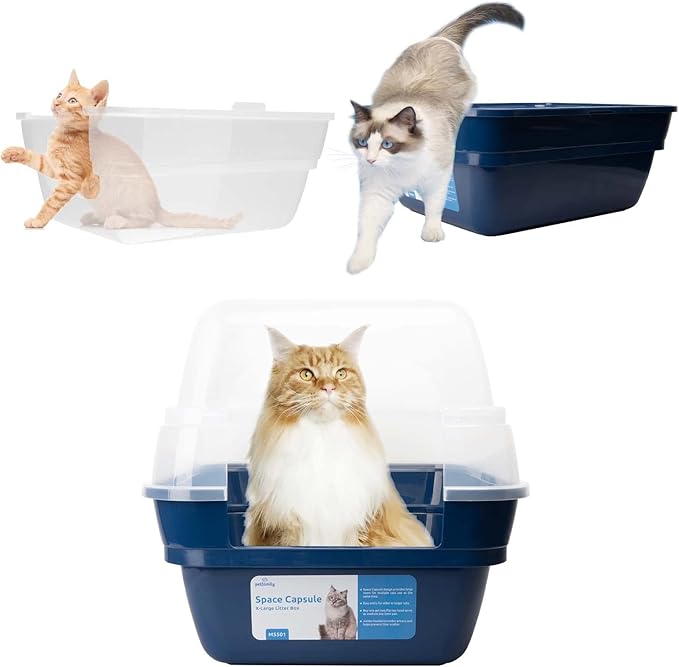 Petfamily Cat Litter Box, Large Foldable Jumbo Hooded Cat Litter Box with Transparent Lid (Navy Blue)-Mewly Pet