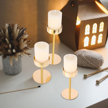 Pillar Candle Holders Set of 3, 3.15" Diameter Gold Metal Candlestick Holder for Pillar & Flameless Candles. Ideal Decoration for Table,Fireplace,Living,Dining Room,Perfect for Wedding,House Gift.