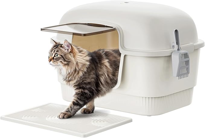 Cat Litter Box with Litter Mat and Scoop,High Wall Enclosed Cat Litter Boxes for Anti-Leakage, Covered Kitty Litter Box with Handle and Buckles for Portability and Privacy, Odor Control (White)-Mewly Pet