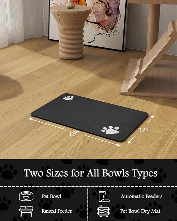 Pet Feeding Mat-Absorbent Dog Mat for Food and Water Bowl-No Stains Quick Dry Water Dispenser Mat-Dog Accessories Pet Supplies-Bowl for Messy Drinkers（Black,12"x19"-Mewly Pet