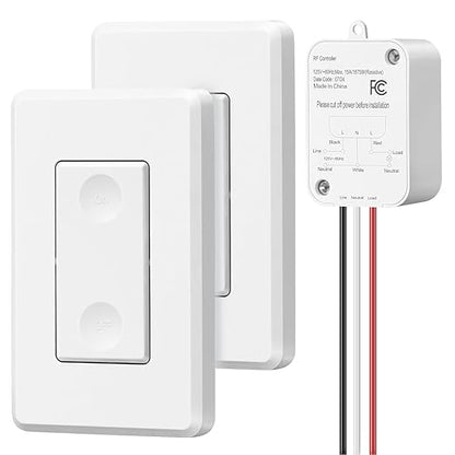 DEWENWILS Wireless Light Switch and Receiver Kit, 15A High Power, No Wiring, 100FT RF Range, 3 Way Remote Control Wall Switches for Lamps, Ceiling Lights, Fans, 2 Transmitter+1 Receiver