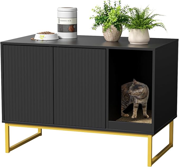 Cat Litter Box Enclosure, Fluted Hidden Litter Box Furniture with Scratch Pad and Metal Legs, Modern Enclosed Cat Cabinet, 31.5 x 17.7 x 21.7 Inches Indoor Pet House for Living Room, Washroom, Black-Mewly Pet