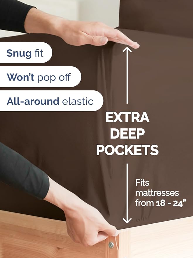 Extra Deep Queen Sheet Set - 6 Piece Breathable and Cooling Sheets - Hotel Luxury Bed Sheets Set - Easy & Secure Fit - Soft, Wrinkle Free and Comfy Sheets Set - Brown Sheet Set with Extra Deep Pockets