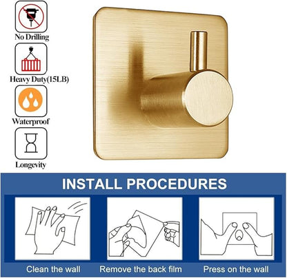 Gold Adhesive Hooks 15LB (Max), Non Tarnish Sticky Hooks for Hanging Towels, Coat, Backpack, Purse, Hat, Key, Self-Adhesive Towel Holder for Shower Closet Bathroom-4 Packs