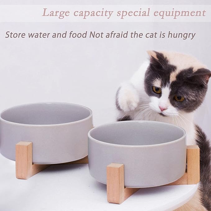 Petygooing Dog Bowls,Grey Ceramic Cat Dog Bowl Set with Wood Stand for Food and Water,Non-Slip Cute Modern Pet Dish Set for Cats and Medium Dogs (28OZ/6.1 in)-Mewly Pet