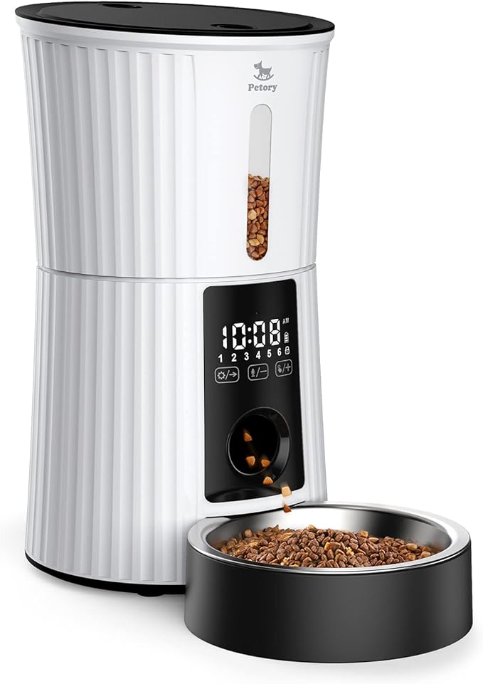 Petory Timed Automatic Cat Feeders - 4L Programable Dry Food Dispenser for Cats and Small Medium Dogs 6 Meals with Desiccant Bag Dual Power Supply 10S Voice Recorder-Mewly Pet