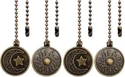 Copper Ceiling Fan Pull Chain Set, Decorative Totem Fan Pull Chain Pendant Extension, 12 Inches Lighting & Fan Beaded Ball Chain Extender Ornament with Connector, Moon and Sun (4Pack)