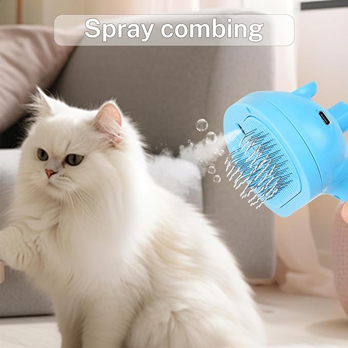 5-in-1 Pet Steam Brush for Cats & Dogs – Grooming, Shedding, Massage & One-Touch Clean for Short & Long Hair Pets – Electric Cat Brush with Comb & Steam (Blue)-Mewly Pet