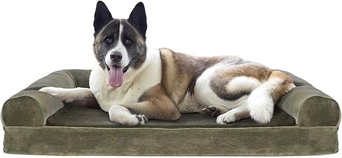 Furhaven Cooling Gel Dog Bed for Large Dogs w/ Removable Bolsters & Washable Cover, For Dogs Up to 95 lbs - Faux Fur & Velvet Sofa - Dark Sage, Jumbo/XL-Mewly Pet