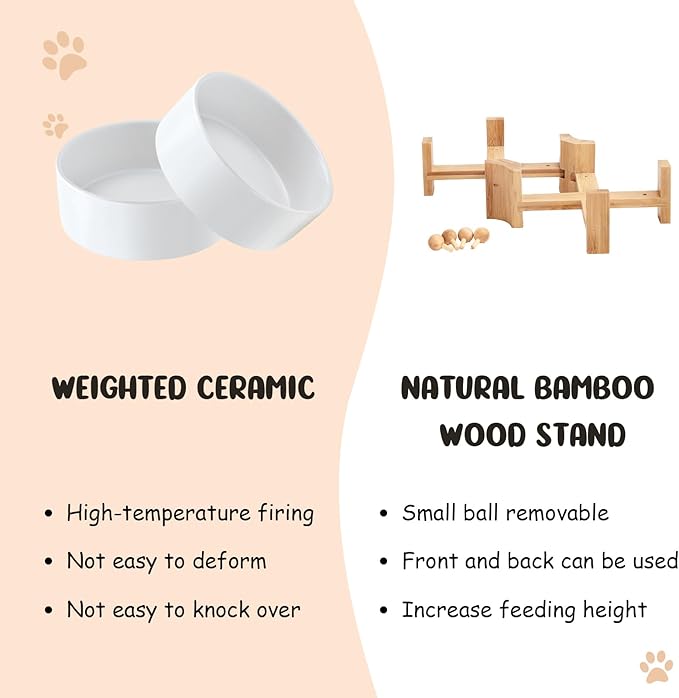 SPUNKYJUNKY 15° Slanted Ceramic Dog and Cat Bowl with Wooden Stand, Tilted Bulldog Food and Water Bowl No Slip Non-Spill for Cats Medium Dogs Big Face Pets 13.5 OZ (1.7 Cups, White × 2)-Mewly Pet