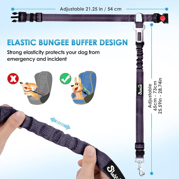 SlowTon Dog Seat Belt for Car, 2 Pack Dog Car Harness Seatbelt Adjustable with Elastic Bungee Buffer, 2 in 1 Pet Car Leash Headrest Restraint Dog Reflective Safety Tether (Purple, Headrest+Clip)-Mewly Pet