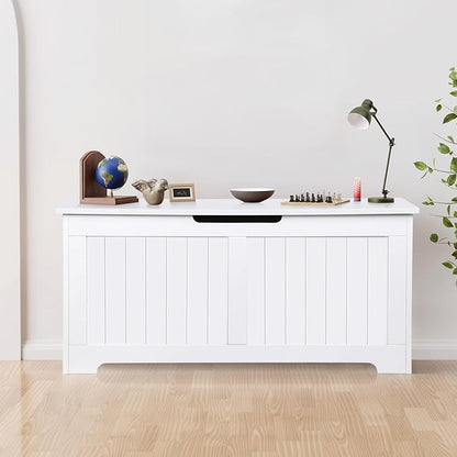 Wooden Storage Chest Box with Flip-top Lid & Safety Hinge, 39.4 Inch Living Room Organizer, Bedroom Bench, White