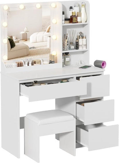 Vabches Vanity, Makeup Vanity Desk Set with Mirror & Light, Dressing Table Storage Lots with Power Strip, 3 Lighting Modes with Adjustable Brightness, 37 Inches (White) (White with Stool)