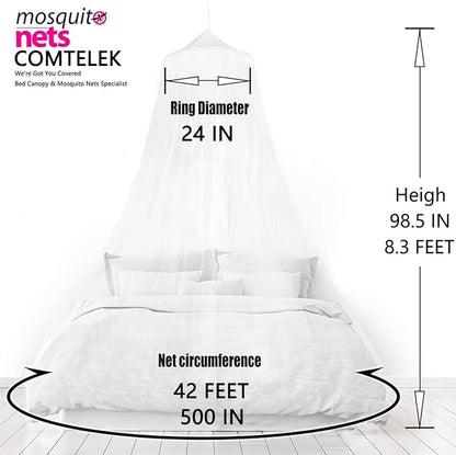 Bed Canopy with Double Circle White Feather Dream Catcher and 50 LED Fairy String Lights, Mosquito Net - Unique Style Dome Bed Netting Canopy Curtains Canopy - Suggested for Twin Full Queen King Bed