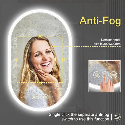 Bathroom LED Oval Mirror, 24 x 36 inches, Wall Mount, 3 Colors, Stepless Dimmable, Anti-Fog, Backlit, Frameless Frosted Edge, Home Mirror